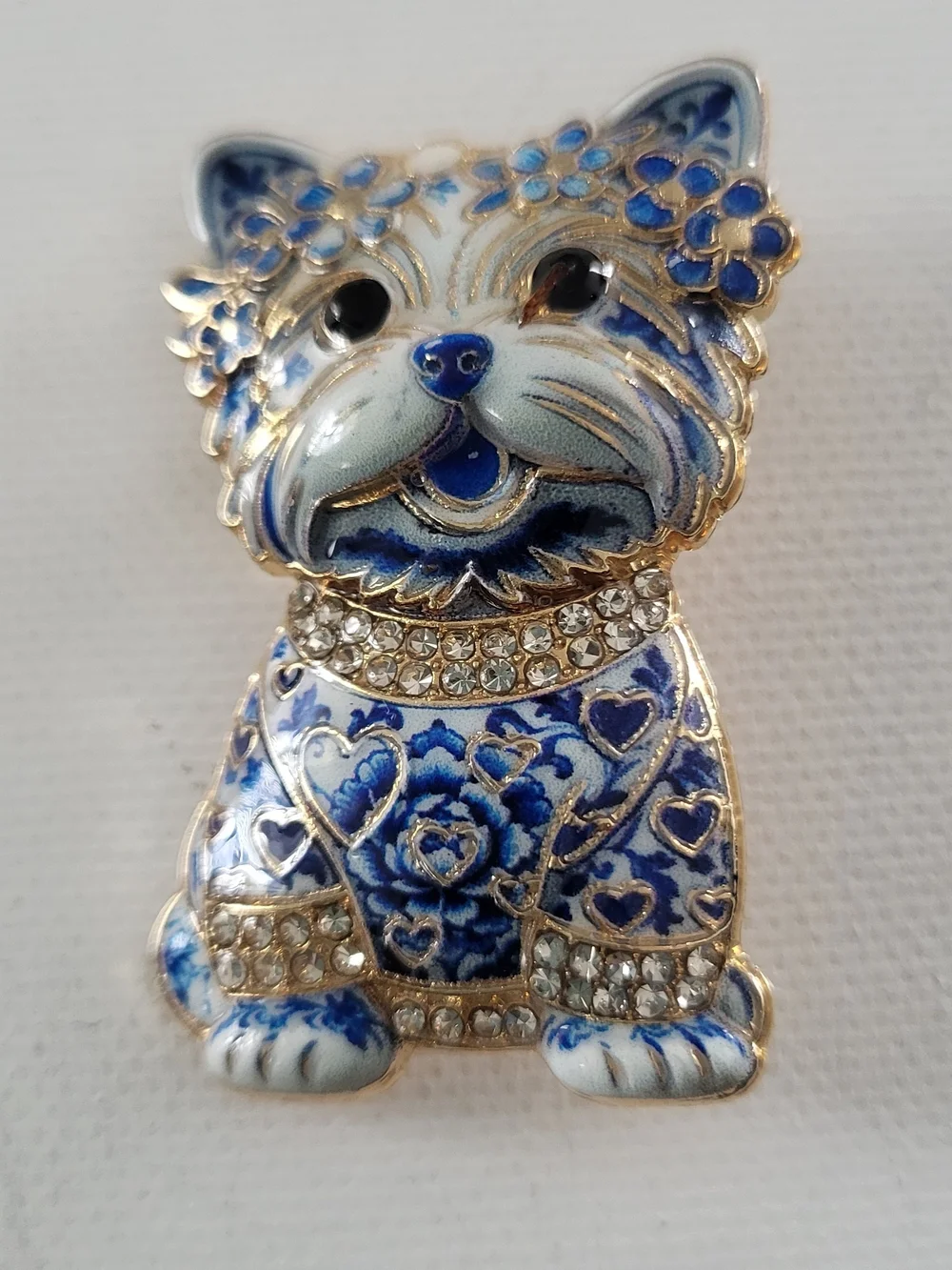 Beautiful Blue And White Enamel Puppy Brooch